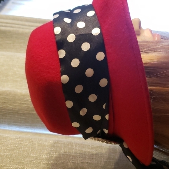 ?red wool hat with scarf & broche. main image 6